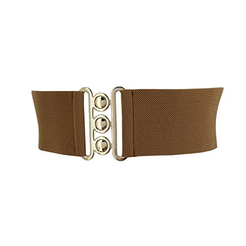 FASHIONGEN - Ceinture femme élastique, ceinture large à boucle 3 boutons, style vintage, GLORIA Fabriqué en France - Camel (Boucle doré), Large