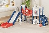 67i 9 in 1 Toddler Playground Slide Set - Monkey Bar (Climbing Arch) for Coordination, Easy Assembly, Indoor Outdoor Playset Birthday Gift with Golf/Basketball/Drawing (Red, Without Swing)