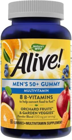Nature’s Way Alive! Men’s 50+ Gummy Multivitamins, Supports Multiple Body Systems, Supports Cellular Energy, B-Vitamins, Gluten-Free, Vegetarian, Fruit Flavored, 60 Gummies