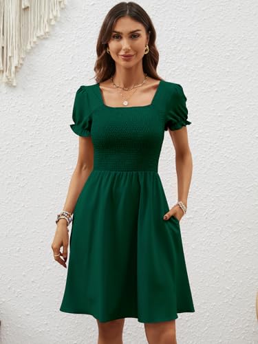 Image of Berydress Women's Summer Dresses 2026 Pockets Short Sleeve Square Neck Flowy A Line Casual Boho Smocked Mini Sun Dress