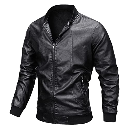 Maiyifu-GJ Men Stand Collar Leather Jacket Lightweight Faux Leather Motorcycle Jackets Casual Slim Zip Up Bomber Biker Coat (Black,X-Large)