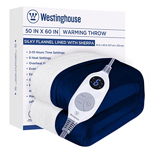 Westinghouse Heated Throw Blanket, Electric Blanket Throw with 6 Heating Levels and 2-10 Hours Time Settings, Flannel to Sherpa Super Cozy Heated Blanket Machine Washable, 50x60 inch, Navy