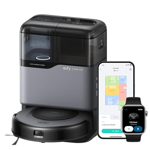 eufy C20 Robô aspirador, Lavagem/secagem automática, Sucção potente, Esvaziamento automático, Corpo ultrafino de 8,5 cm, Limpa cantos baixos, Escovas antiembaraço, 220V.