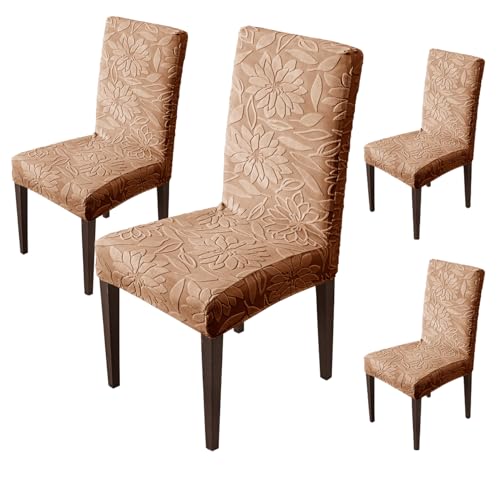 Image of House of Quirk Stretchy Universal Camellia Jacquard Waterproof Chair Cover Removable & Washable Short Dining Chair Cover Protector Seat Slipcover (Camel,Pack of 4)
