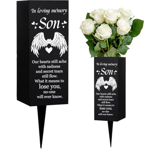WEBEEDY Son Cemetery Vases Metal Grave Vases with Spike Wings Heart Memorial Vase Black Sympathy Cemetery Memory Sign Funeral Happy Heavenly Birthday, 8x20 cm (in Loving Memory Son), 1 Pcs