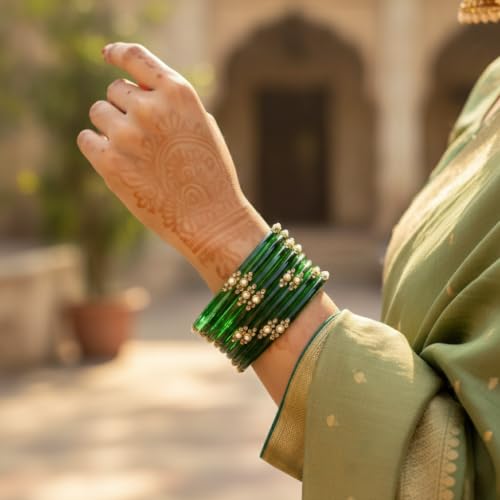 Image of SUNDRAM Women's Premium Fancy Glass Bangles for Women & Girls |with Zircon Gemstone Work & Charm| Traditional Ethnic Bangles Set of 12