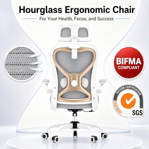 Image of Ergonomic Office Chair for Long Hours and Back Pain Relief, Space-Saving Design with Adjustable Lumbar Support, Flip-Up Arms, 3D Headrest, Tilt & Rock, 330 LBS, Gray /Gold