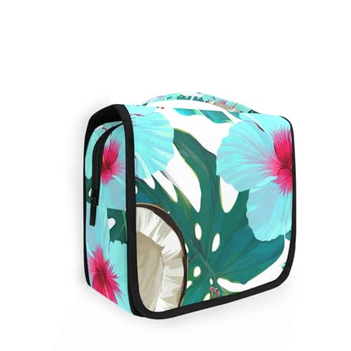 SoreSore トラベルポーチ アロハ 椰子 果物 ブルー エレガント トイレタリーバッグ 化粧ポーチ 旅行 吊り下げ 洗面具入れ バスルームポーチ 小物整理 収納 ポーチ 大容量 出張 おしゃれ かわいい コンパクト 軽量 持ち運び便利 フック付き