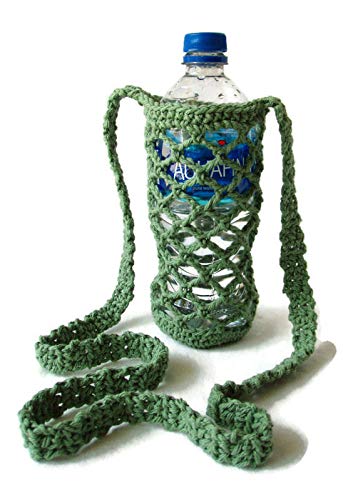 Cotton Crochet Crossbody Water Bottle Bag Green Drink Carrier Beverage Sling