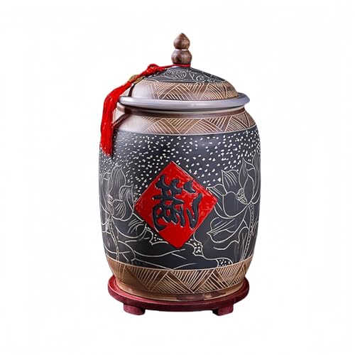 セラミック米保存容器・木製ベース付き |シリコン密閉蓋・ハンドル付き | 米/小麦粉/砂糖/穀物/コーヒー豆/スナック用キッチンストレージ (20.5x33cm/8.1x13in)