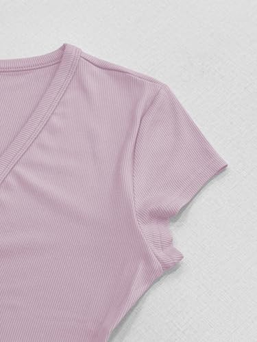 Image of Albe Rita Women Short Sleeve T-Shirt Cap V Neck Shirts for Women Ribbed Casual Top Knit Slim Fit for Summer