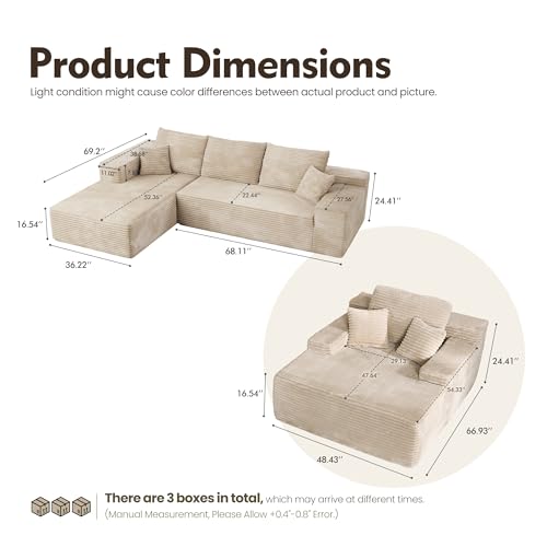 Image of HOOOWOOO Cloud Sectional Couches for Living Room,Modular Sectional Sofa No Assembly,Plush Corduroy Large Floor Couch Furniture Set with Deep Seat Left L Shape and Chaise Lounge(Beige)