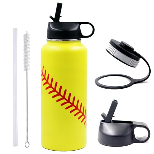 Softball Water Bottle 32 oz Wide Mouth Sports Flask Metal Travel Tumbler with 2 Lids, Stainless Steel Double Wall Vacuum Insulated Leak Proof Water Bottles, Softball Stuff Gifts for Mom Boys Girls
