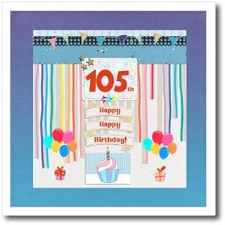 3dRose 10x10 Iron on Heat Transfer for White Material - Image of 105th Birthday Tag, Cupcake, Candle, Balloons, Gift, Streamer Birthday Design