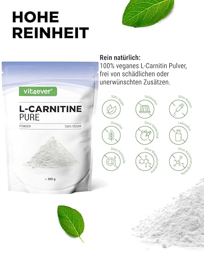 vit4ever L-Carnitin Pure - 300 g reines Pulver ohne Zusätze - 100% L-Carnitin Tartrat - 100 Portionen mit 3000 mg Carnitinpulver - Vegan - Hochdosiert - Premium Qualität