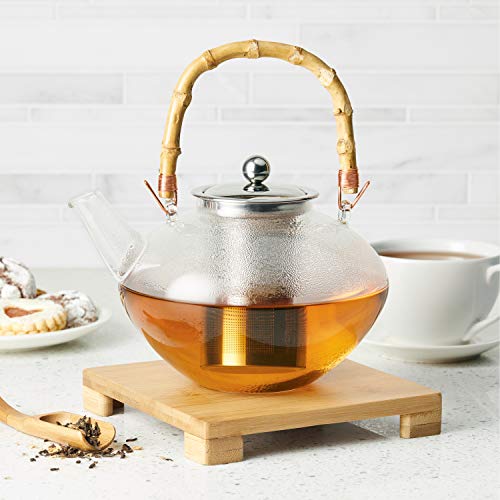 Bonjour Tea Glass Zen Teapot With Stainless Steel Infuser And Bamboo Trivet, 34 Ounce, Clear #TOP1
