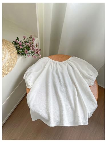 Image of SweatyRocks Girl's Short Sleeve Shirts Summer Crewneck Tops Casual Cute Bow Puff Sleeve Blouses Black and White 9Y