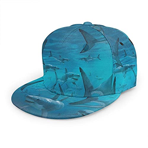 Oaieltj Unisex Baseballkappe Damen Herren Junge Mädchen Mode verstellbar 3D gedruckt Flat Bill Baseball Cap, Unterwasser Hai Gruppe Sea Blue, One size