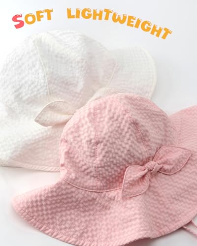 HONGTEYA Baby Sun Hat Toddler Girl Hats Infant Toddler Summer Bucket Beach Hat Wide Brim Sun Protection (US, Age, 6 Months, 24 Months, Bow Pink/White) - Thumbnail 5