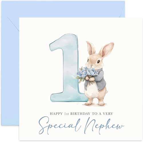 1st Birthday Greeting Card for Nephew - Blue Bunny Rabbit with Watercolour 1 Design - Baby Boy Bday Cards - For Family - Keepsake Gifts for First Birthday