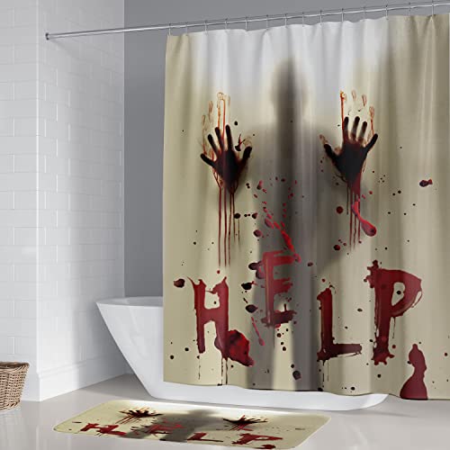 Ddqtouch 4 Pcs Halloween Horror Bloody Hands Shower Curtain Set, Scary Halloween Blood Hands Help Me Shower Curtain Bathroom Decor Set With 12 Hooks (Help) #TOP1