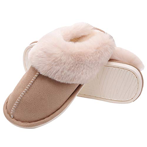 Sosushoe Womens Slippers Memory Foam Fluffy Fur Soft Slippers Warm House Shoes Indoor Outdoor Winter, Khaki, 8-9 B(M) Us #TOP6