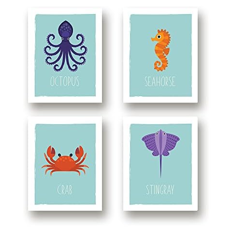 Kindred Sol Collective Ocean Animals Nursery Decor - Set of Four 11x14 Wall Art Prints - Perfect Nursery Prints for a Boy or Girl Bedroom, Playroom or Classroom (Octopus, Seahorse, Crab, Stingray) Cover