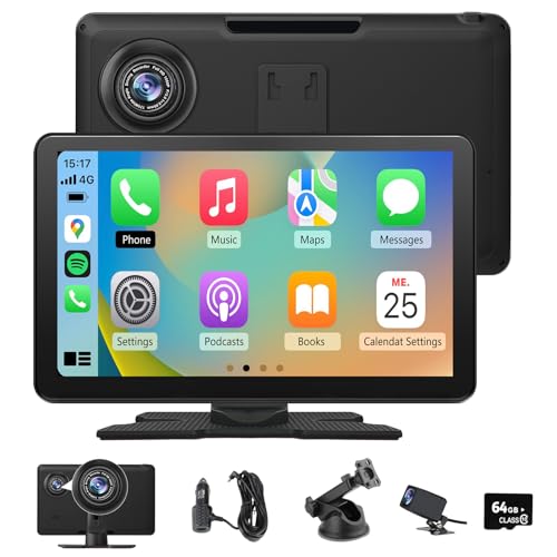 Pyniro 9" Carplay Screen Portable for Car, Wireless Carplay & Android Auto Car Stereo, Touchscreen GPS Navigation 4K Dash Cam/Backup Camera/Mirror Link//Bluetooth/Voice Control