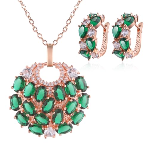 Image of Mecool Flower Pendant Necklace and Earring Cubic Zirconia Necklace Stud Earrings Jewellery Set for Women | Ladies Jewellery (Green)