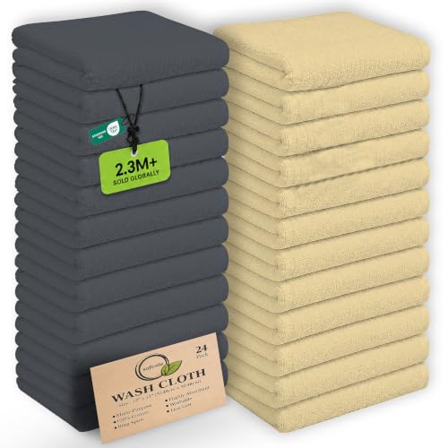Softolle 100% Cotton Washcloths 24 Pack (12x12 Inches) Soft, Highly Absorbent Washcloth, Face Towels, Wash Cloths for Face, Ring Spun, Bulk Pack (Yellow/Grey)