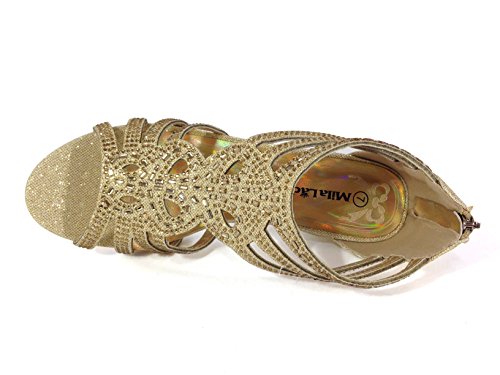 Enzo Romeo Kinmi25N Womens Open Toe Mid Heel Wedding Rhinestone Gladiator Sandal Shoes (7, Gold) - Thumbnail 4
