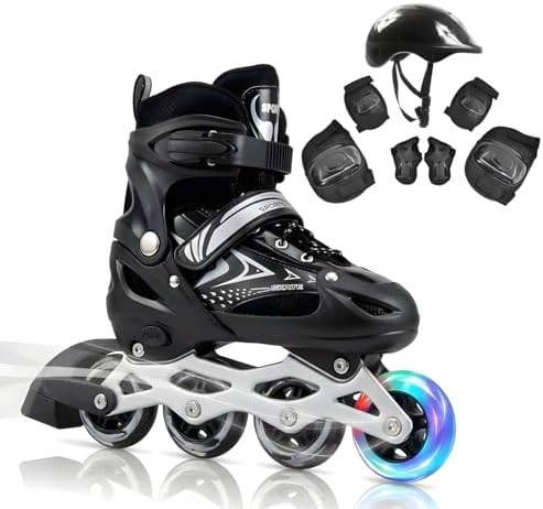 Patins Inline Ajustável 4 Rodas com Kit de Proteção, Capacete e Rodas com Luz LED, para Iniciantes, Uso Interno e Externo