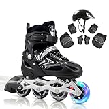 Patins Roller Inline 4 Rodas Skates Ajustavél com Rodas Iluminadas e Kit de Proteção, Capacete e Rodas com Luz LED, para Iniciantes (Preto, Roller G (37 ao 40))