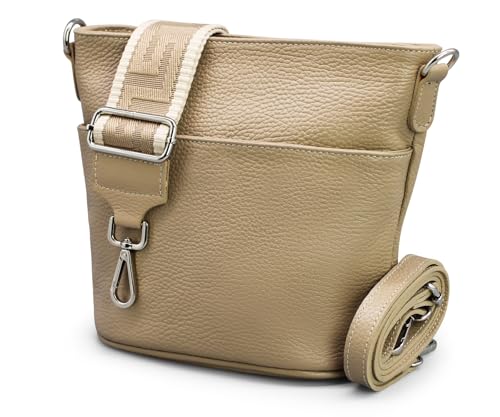 Adel Bags Damen Umhängetasche Echtes Leder LINA Handgemachte Crossbody Bag 4 Fächer Schultertasche mit Ledergurt + Breitem Gemustertem Riemen wasserdichte Stylische Made in Italy (Taupe 2)