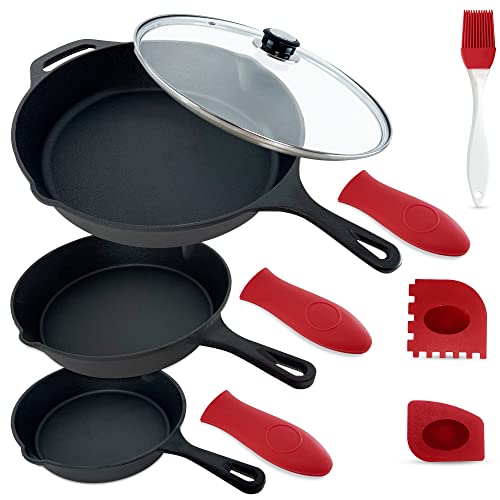 Empire Pre-Seasoned Cast Iron Skillet Set of 3 11.8 10.2 & 7.8 Pans with Silicone Handle Grips Oil Brush & Scraper HeavyDuty Nonstick Frying Pans Oven Stovetop & Grill Safe