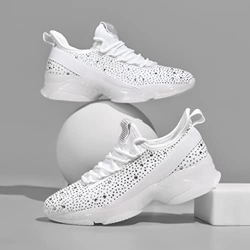 BELOS Women Rhinestone Mesh Slip On Walking Shoes,White,7 by BELOS - Used condition - Image 3