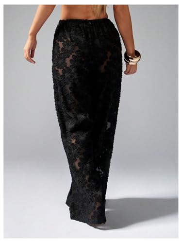 Floerns Women's Floral Applique Wide Leg Pants Drawstring Elastic Waist Sheer Loose Fit Trousers2