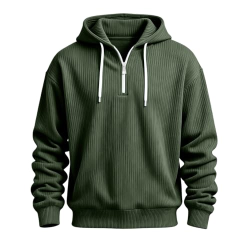 PXLKNZH Corduroy Hoodies for Men Quarter Zip Pullover Sweatshirt Army Green — view 5