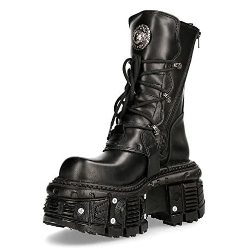 New Rock Boots TANK373-S1 Black Leather Unisex Combat Platform Biker Goth Metal Shoes 3