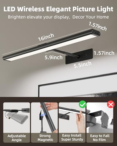 Image of EZVALO Picture Light for Wall, 16'' Black Rechargeable 4800mAh Black Lights Wireless Remote, Dimmable Magnetic LED Art Painting Light with 3 Color Temperatures, Display for Gallery, Living Room(2P)