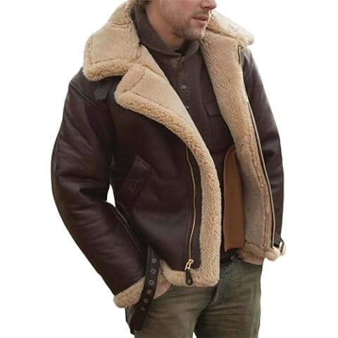 Men's Aviator Flying B3 Shearling Faux Sheepskin Leather Bomber Jackets Casual Warm Winter Coats Brown Cover