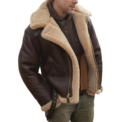 Men's Aviator Flying B3 Shearling Faux Sheepskin Leather Bomber Jackets Casual Warm Winter Coats
