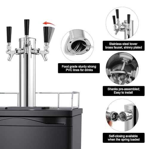 FERRODAY 3 Taps Beer Tower Dispenser Kegerator Tower, 3\" Beer Keg Tap Keg Tower Kegerator Tap Tower Kegerator Parts Kit, Stainless Steel Tower Brass Faucet Stainless Core Pre-assembled Lines