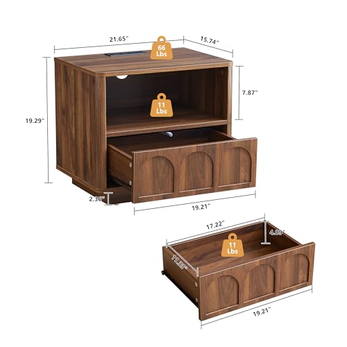 affeivul Small Nightstand with Charging Station, Accent Bedside Nightstand with Drawer, Mid Century Modern Bedroom Side Bed Table with Storage for Dorm, Living Room, Couch Sofa Chair, Office - Walnut — view 2