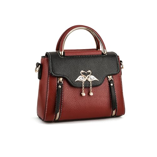 NICOLE & DORIS Small Top Handle Handbags Women Crossbody Bag Flap Over Shoulder Bags PU Leather Satchel Bag Black with Red