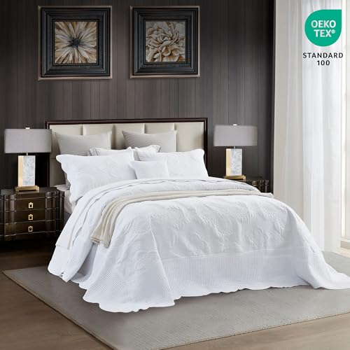 Image of HZ & HY Oversized King Bedspread, Stitched Damask Quilt Set King /Cal King, Lightweight Reversible Coverlet, Scalloped Edge - Clean Classic Look, 5 Piece, Pure White