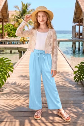 Image of Girls Summer Floral Wide Leg Pants High Waisted Flowy Dress Trousers with Pockets for School Lounge Beach 5-14 Years
