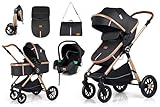 3-in-1 Travel System Stroller, Black with Rose Gold Accents, Convertible Pushchair with Car Seat and Bassinet, Birth to 3 Years, 5-Point Safety Harness