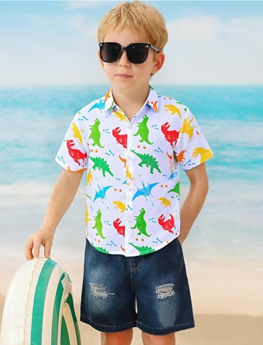 Image of Hawaiian Shirt for Boys Button Down Wrinkle Free Shirt Short Sleeve Funny Beach Casual Summer Print Top for Kids 4-15 Years