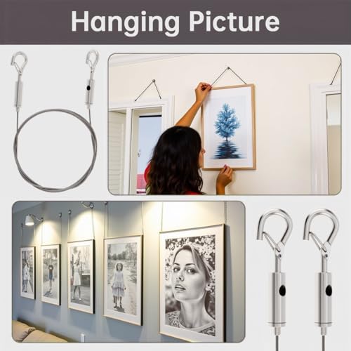 Image of 8 PCS Adjustable Picture Hanging Wire Mirror Frame Kit 1m x1.5mm Heavy Duty Stainless Steel Rope for Mirror Hanging Hardware,Light Lamp,Billboards,Basket Flowerpot Hold Up to 66lbs(30kg)